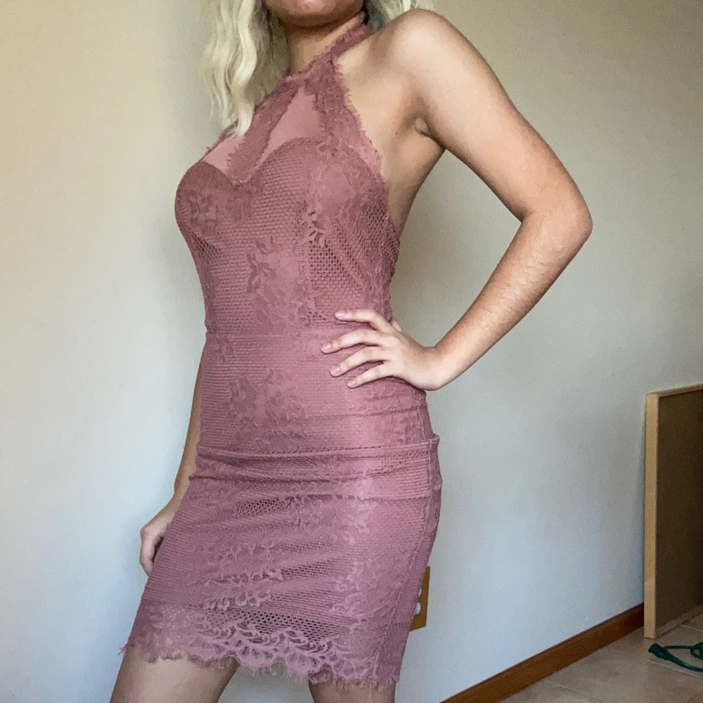 Pink body con halter dress w/ floral lace and mesh